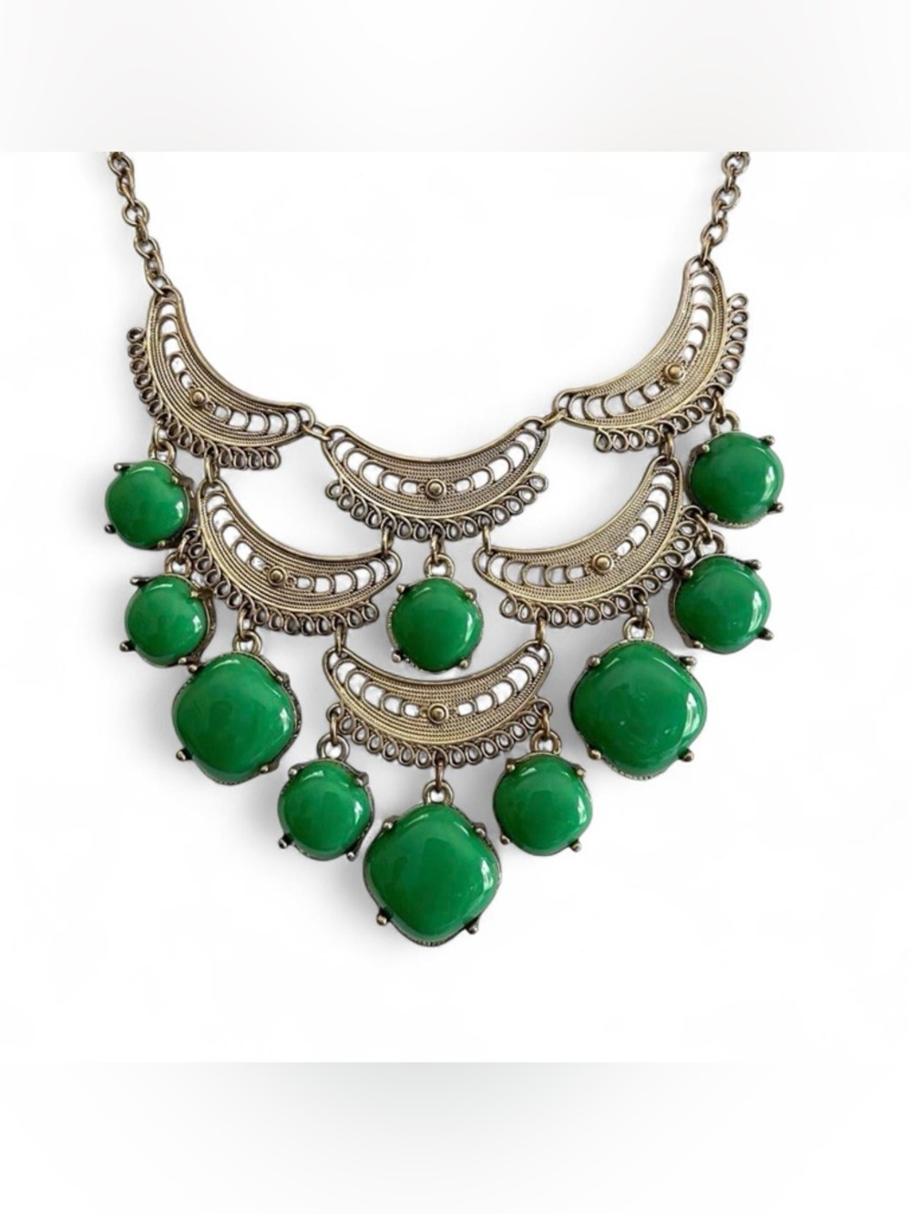 Green Statement Necklace Gold Tone Boho Chunky Bib Necklace Vintage Style